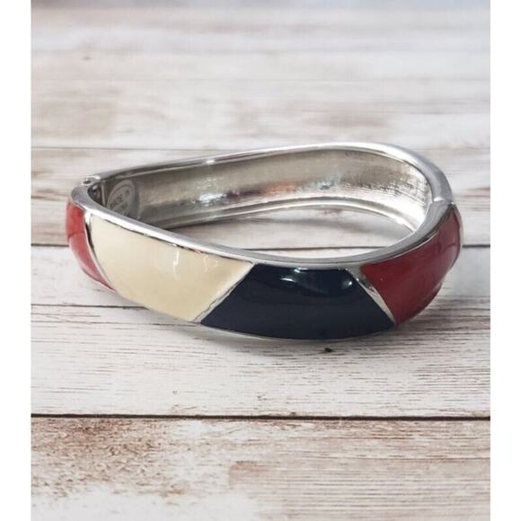 Cream, Navy Blue, & Red Wavy Hinged Bracelet - Picture 2 of 4